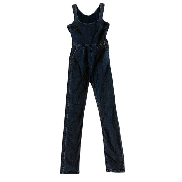 Free People Black Denim Stretch Jumpsuit Tank Top Skinny Leg Size 2 Women's - Picture 1 of 11